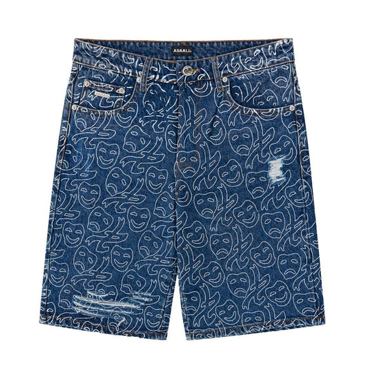 Asaali Laugh Now Cry Later All Over Print Denim Shorts