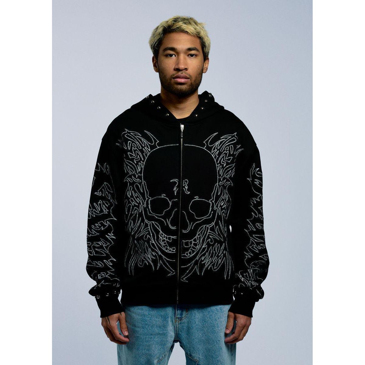 Revenge TRIBAL SKULL STUDDED ZIP BLACK/SILVER